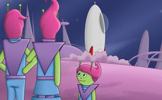 Children's Book illustration of a an Alien Family
